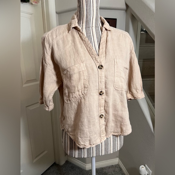 Zara cream 100% Linen semi cropped high low-low button down blouse oversized S - Picture 8 of 12